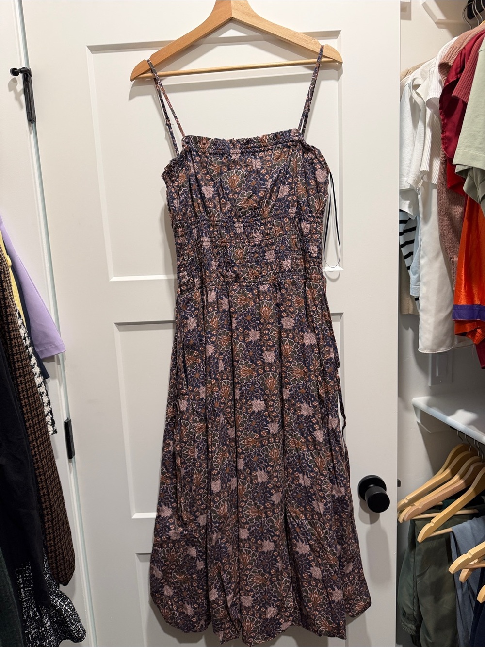 Current/Elliott Floral Smocked Midi Dress in Pink and Brown